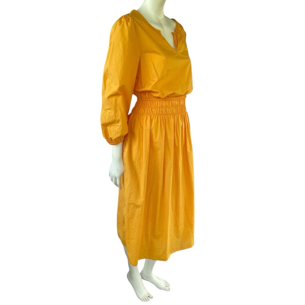 TALBOTS Smocked Poplin Yellow A-Line Midi Dress Split Neckline 3/4 Sleeve Sz 10 - Picture 7 of 16